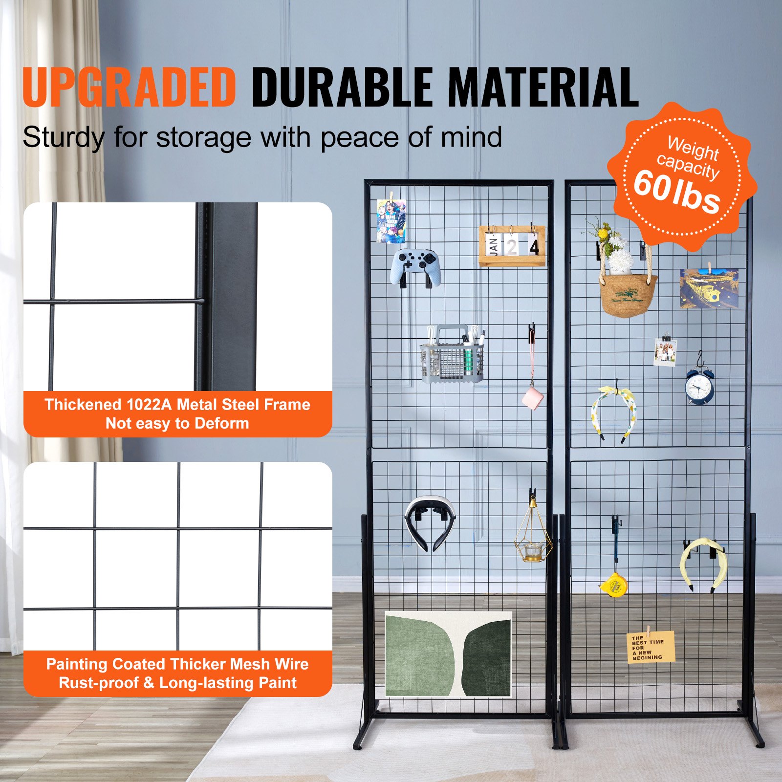 VEVOR 61 x170.7 cm Grid Wall Panels Tower, 2 Packs Wire Gridwall Display Racks with T-Base Floorstanding, Double Side Gridwall Panels for Art Craft Shows, Retail Display with Extra Clips and Hooks