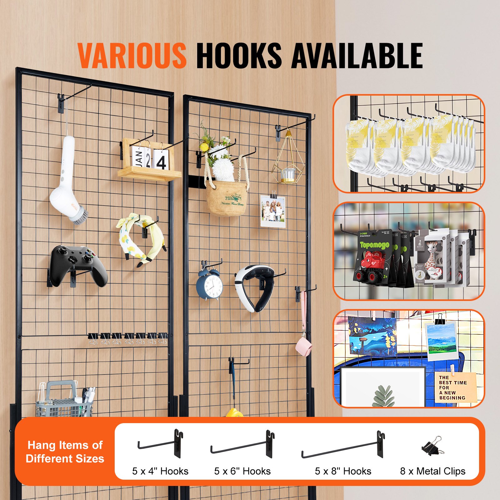 VEVOR 61 x170.7 cm Grid Wall Panels Tower, 2 Packs Wire Gridwall Display Racks with T-Base Floorstanding, Double Side Gridwall Panels for Art Craft Shows, Retail Display with Extra Clips and Hooks