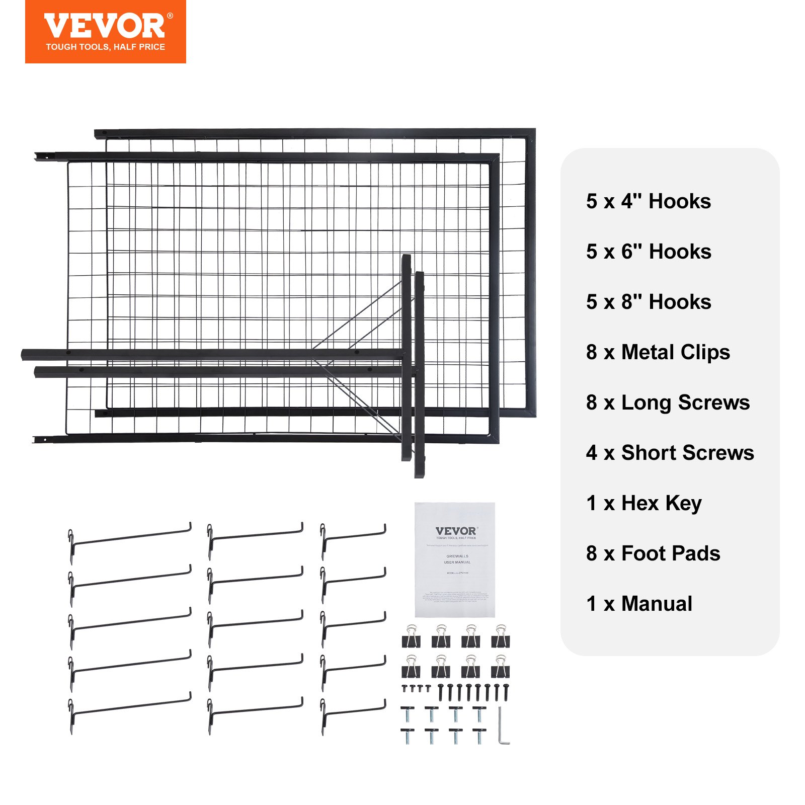 VEVOR 61 x170.7 cm Grid Wall Panels Tower, 2 Packs Wire Gridwall Display Racks with T-Base Floorstanding, Double Side Gridwall Panels for Art Craft Shows, Retail Display with Extra Clips and Hooks