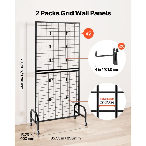 (4-Pack) 2' X 5' Black Steel Gridwall Panels - Powder Coated, 3" On-Center, For Displays