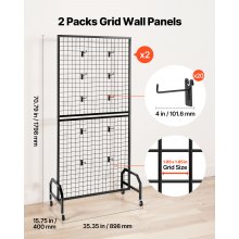 VEVOR 2 Packs Grid Wall Panel 2.9 x 5.9 ft Wire Display Rack with Wheels & Hooks