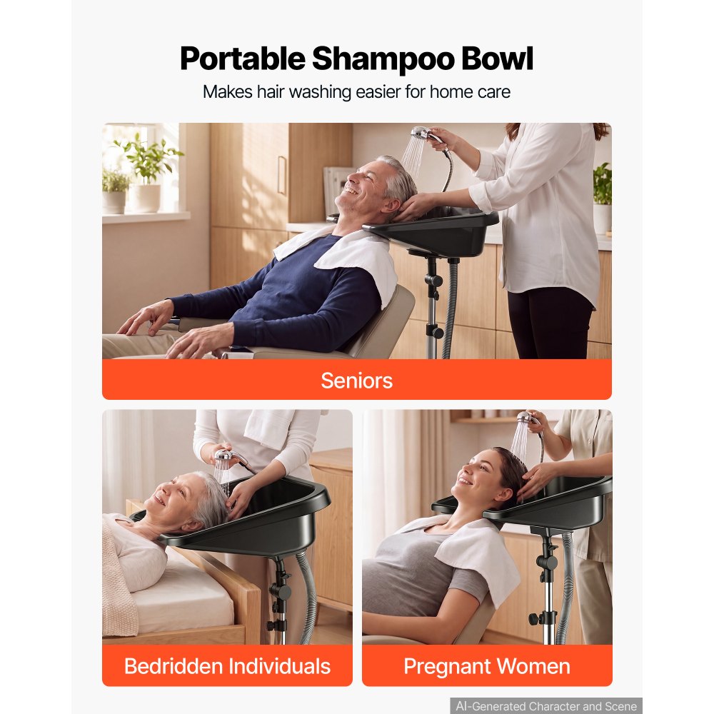 VEVOR Portable Shampoo Bowl 270° Rotating Salon Sink Basin with Drain Hose, for Salons, Home Care, Seniors & Disabled, Height and Angle Adjustable, Hair Washing Station with Hose Storage C-Clip, Black