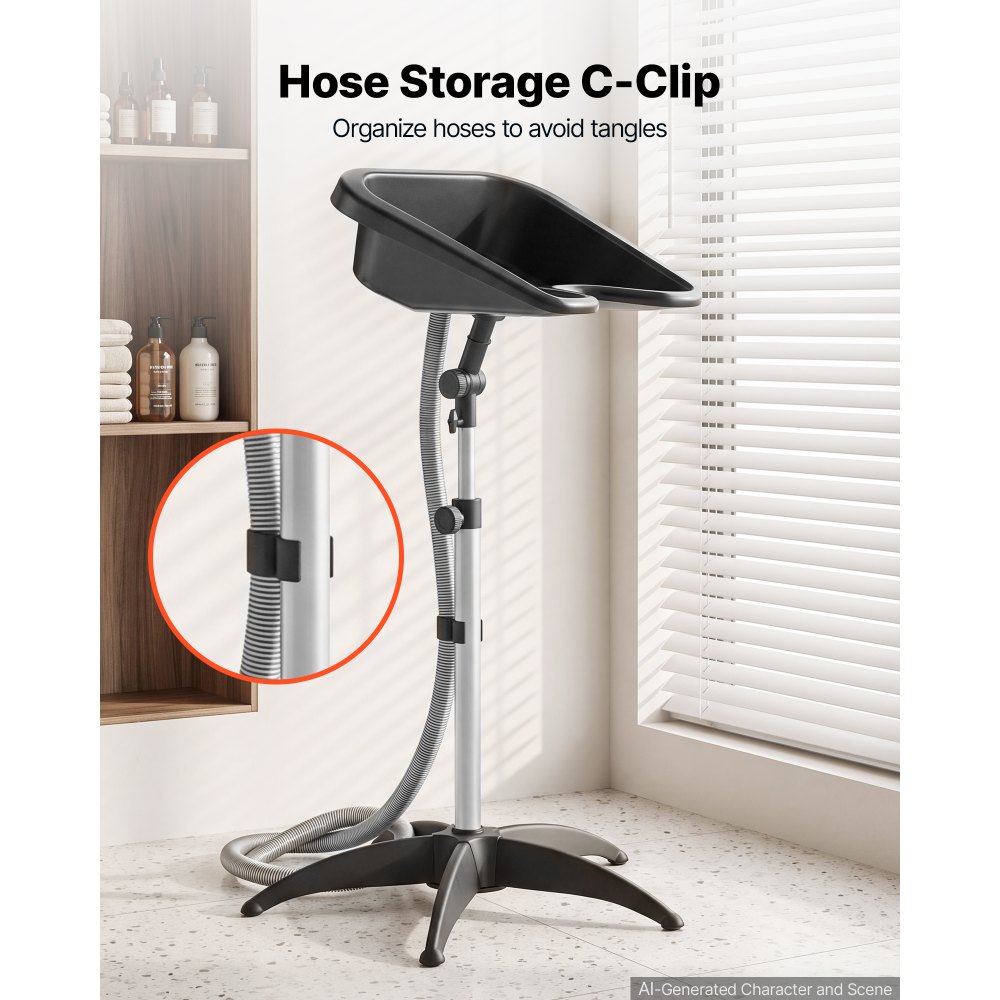 VEVOR Portable Shampoo Bowl 270° Rotating Salon Sink Basin with Drain Hose, for Salons, Home Care, Seniors & Disabled, Height and Angle Adjustable, Hair Washing Station with Hose Storage C-Clip, Black