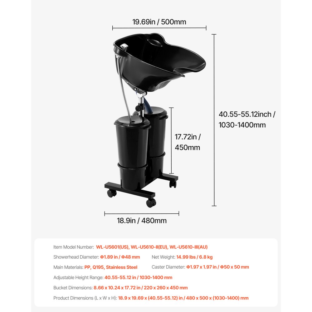 VEVOR Portable Shampoo Bowl with Drain Hose 2 Buckets Adjustable Height Salon Sink