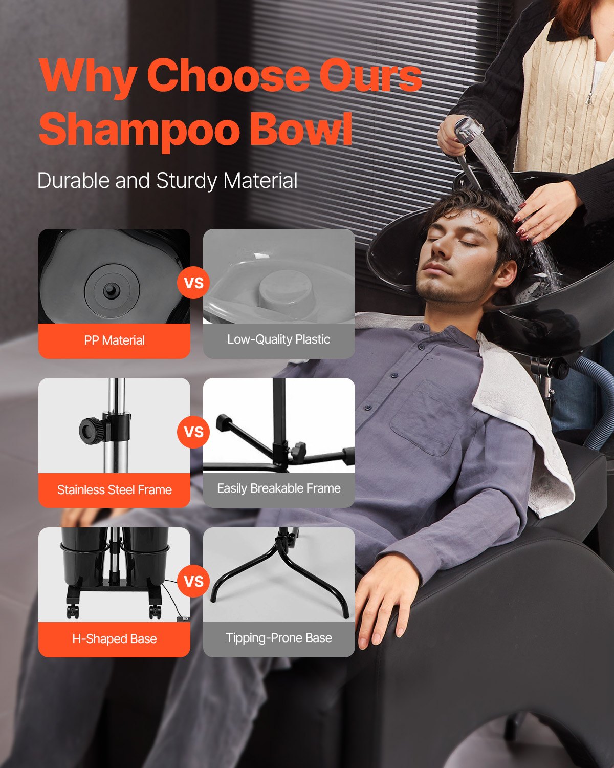 VEVOR Portable Shampoo Bowl with Drain Hose 2 Buckets Adjustable Height Salon Sink