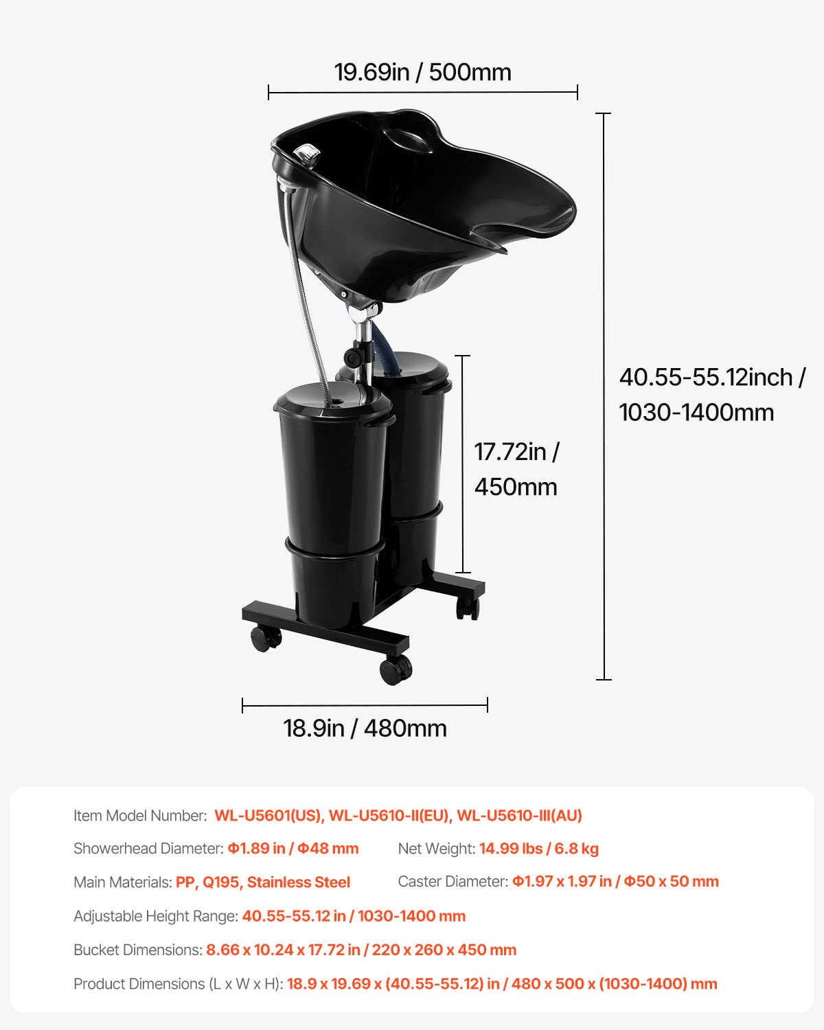 VEVOR Portable Shampoo Bowl with Drain Hose 2 Buckets Adjustable Height Salon Sink