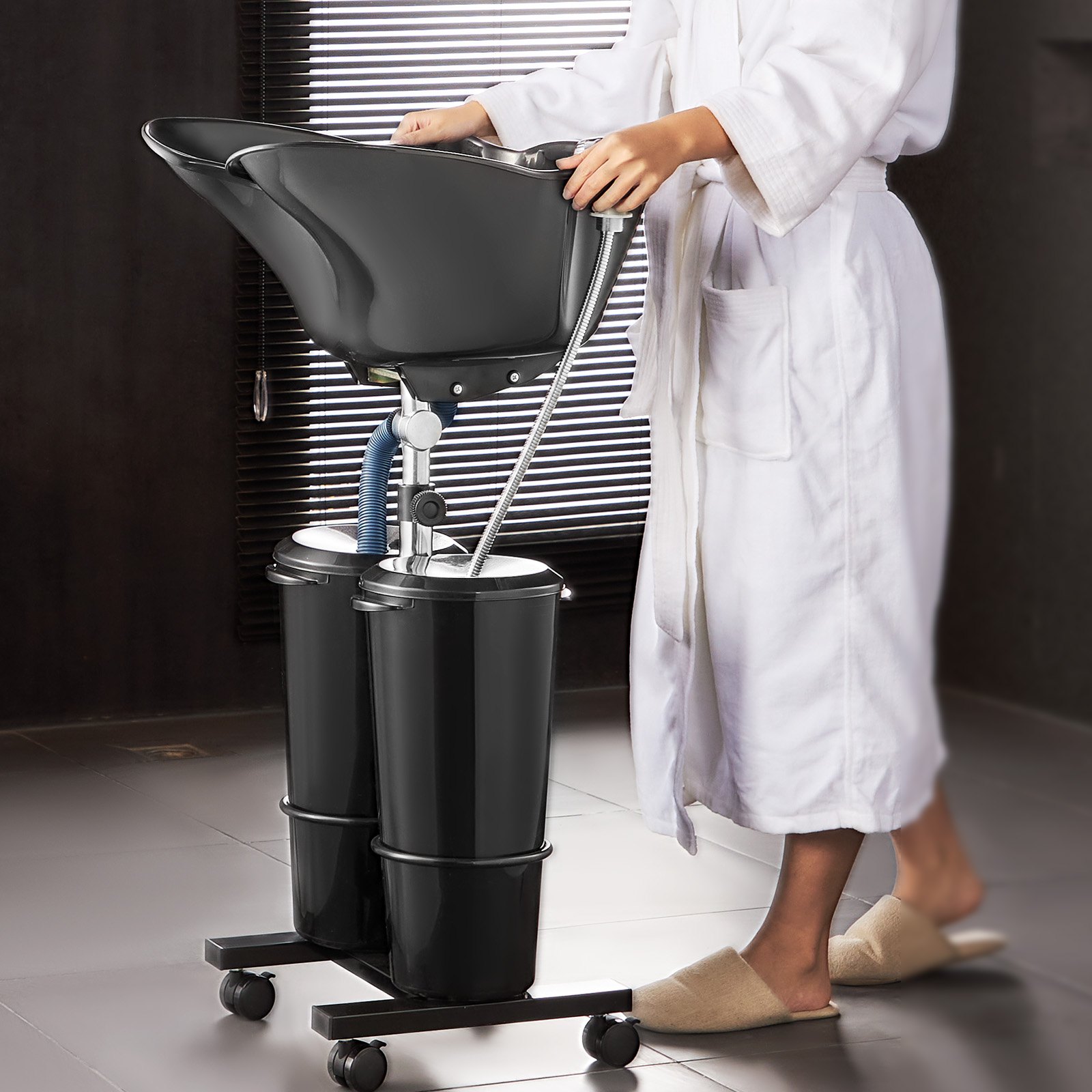 VEVOR Portable Shampoo Bowl, Shampoo Sink for Washing Hair with Electric Pump, Includes 2 Buckets 2 Showerheads, Drain Hose, Height and Angle Adjustable Portable Wash Bowl for Home Salon Use, Black