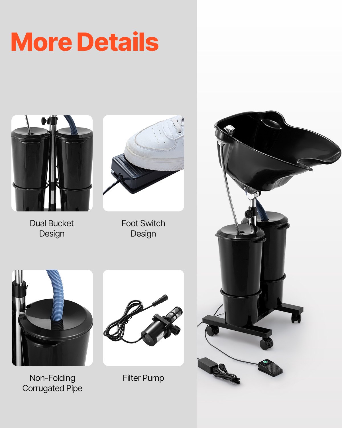 VEVOR Portable Shampoo Bowl, Shampoo Sink for Washing Hair with Electric Pump, Includes 2 Buckets 2 Showerheads, Drain Hose, Height and Angle Adjustable Portable Wash Bowl for Home Salon Use, Black