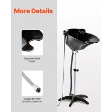 VEVOR Portable Shampoo Bowl, Deep Shampoo Sink with Adjustable Height & Angle, Includes Drain Hose, Shower Head, Lightweight Hair Wash Basin for Barber Salon Spa Center & Home Use, Black