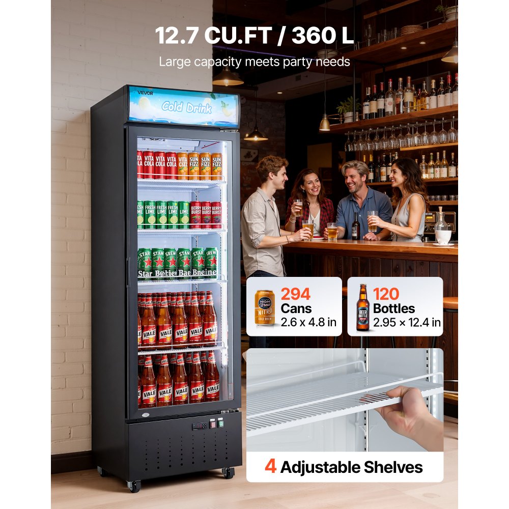 VEVOR Commercial Merchandiser Refrigerator, 12.7 Cu.Ft / 360 L Glass Door Display Refrigerator, Upright Beverage Cooler with Customizable Lightbox, 4 Adjustable Shelves & Soft LED Light for Home Shops