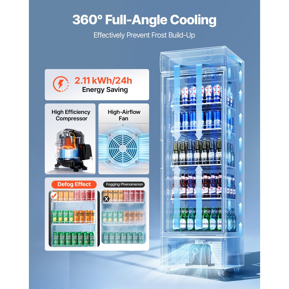 VEVOR Commercial Merchandiser Refrigerator, 12.7 Cu.Ft / 360 L Glass Door Display Refrigerator, Upright Beverage Cooler with Customizable Lightbox, 4 Adjustable Shelves & Soft LED Light for Home Shops