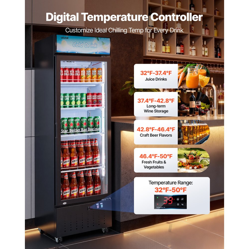 VEVOR Commercial Merchandiser Refrigerator, 12.7 Cu.Ft / 360 L Glass Door Display Refrigerator, Upright Beverage Cooler with Customizable Lightbox, 4 Adjustable Shelves & Soft LED Light for Home Shops