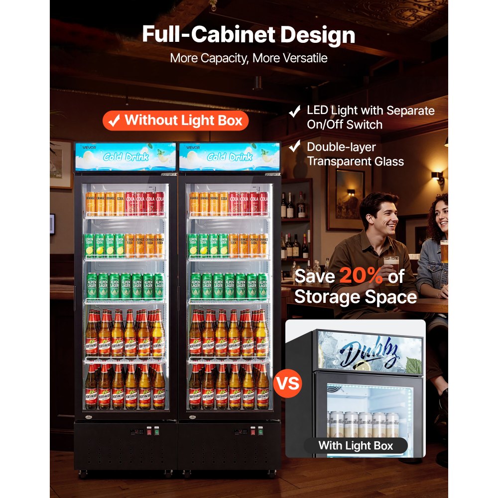 VEVOR Commercial Merchandiser Refrigerator, 12.7 Cu.Ft / 360 L Glass Door Display Refrigerator, Upright Beverage Cooler with Customizable Lightbox, 4 Adjustable Shelves & Soft LED Light for Home Shops