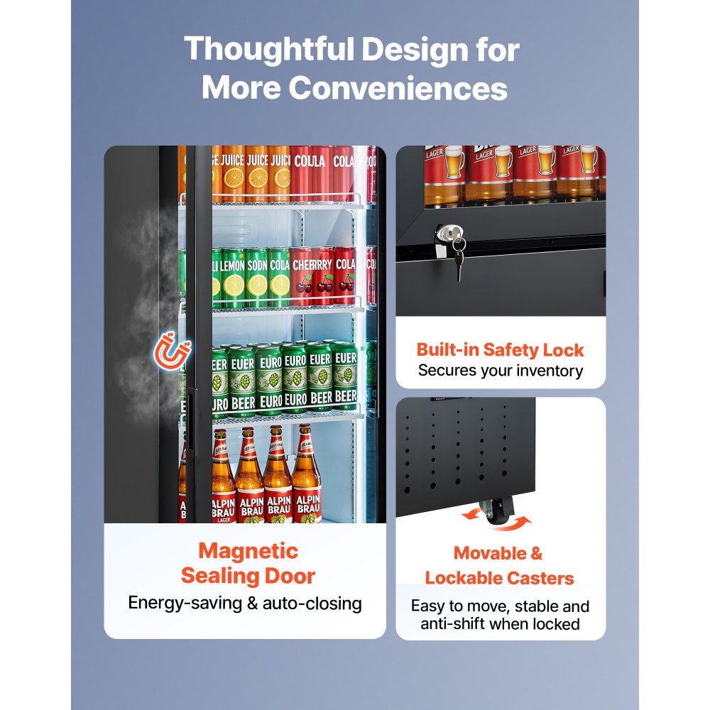 VEVOR Commercial Merchandiser Refrigerator, 12.7 Cu.Ft / 360 L Glass Door Display Refrigerator, Upright Beverage Cooler with Customizable Lightbox, 4 Adjustable Shelves & Soft LED Light for Home Shops