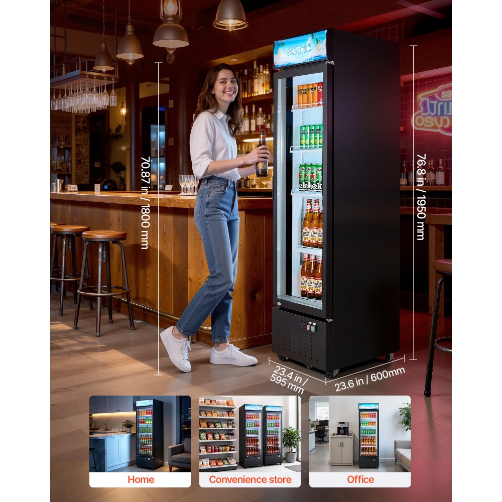 VEVOR Commercial Merchandiser Refrigerator, 12.7 Cu.Ft / 360 L Glass Door Display Refrigerator, Upright Beverage Cooler with Customizable Lightbox, 4 Adjustable Shelves & Soft LED Light for Home Shops