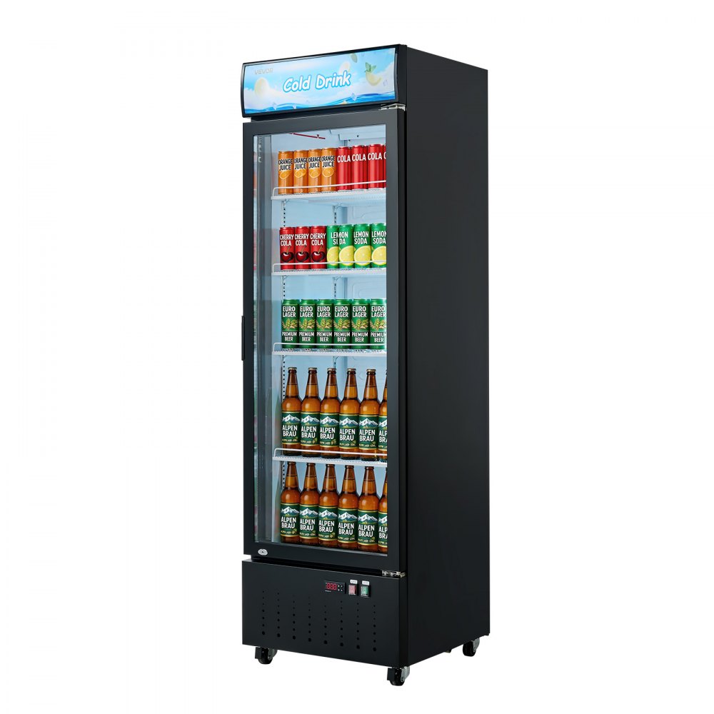 VEVOR Commercial Merchandiser Refrigerator, 12.7 Cu.Ft / 360 L Glass Door Display Refrigerator, Upright Beverage Cooler with Customizable Lightbox, 4 Adjustable Shelves & Soft LED Light for Home Shops