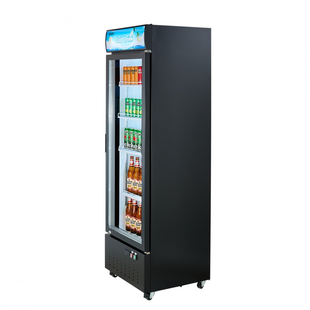 VEVOR Commercial Merchandiser Refrigerator, 12.7 Cu.Ft / 360 L Glass Door Display Refrigerator, Upright Beverage Cooler with Customizable Lightbox, 4 Adjustable Shelves & Soft LED Light for Home Shops