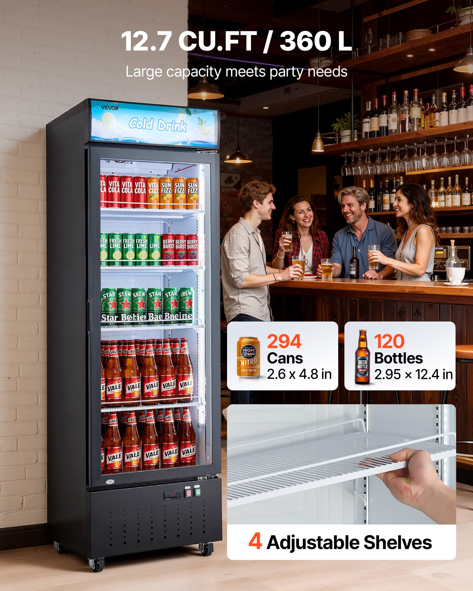 VEVOR Commercial Merchandiser Refrigerator, 12.7 Cu.Ft / 360 L Glass Door Display Refrigerator, Upright Beverage Cooler with Customizable Lightbox, 4 Adjustable Shelves & Soft LED Light for Home Shops