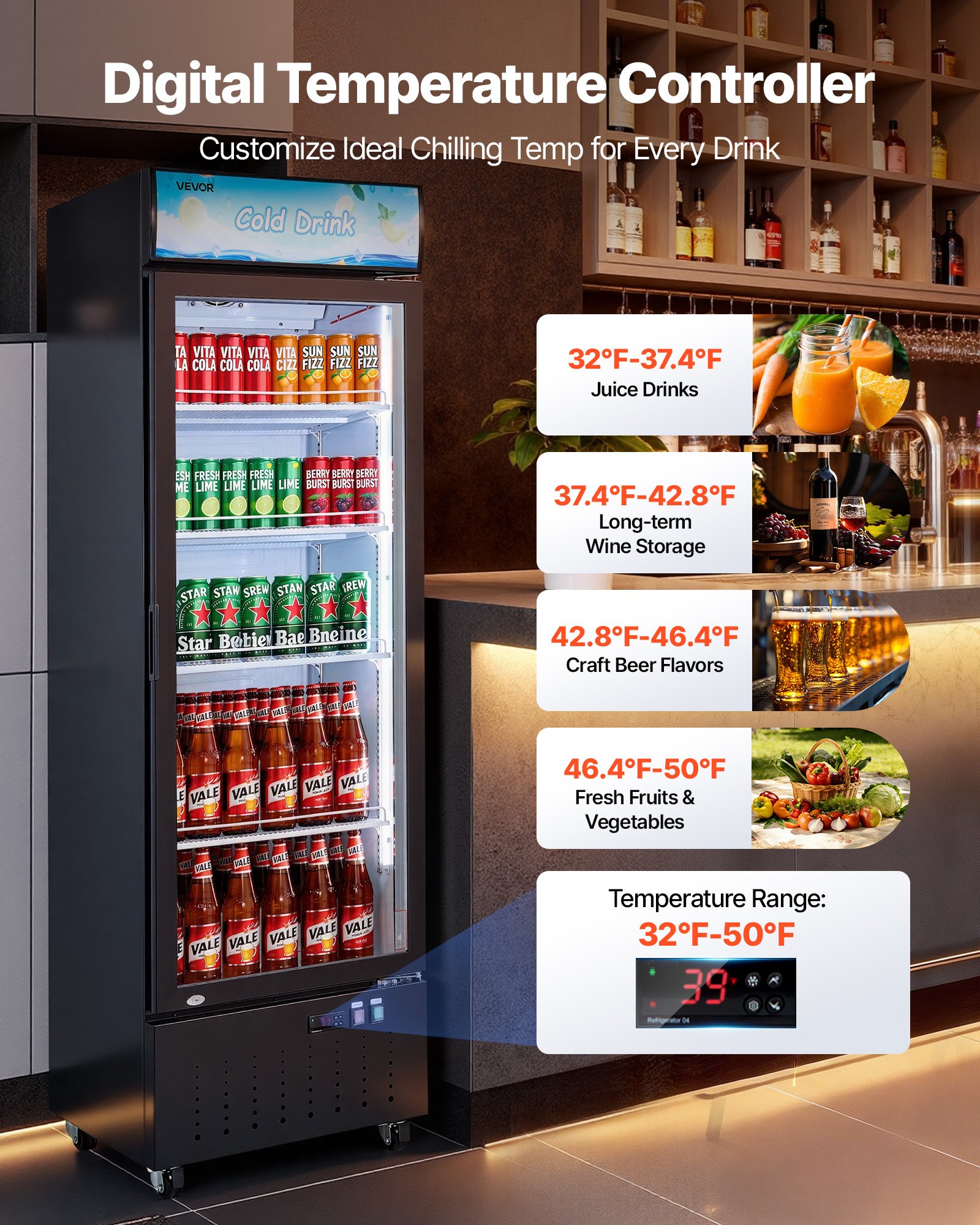 VEVOR Commercial Merchandiser Refrigerator, 12.7 Cu.Ft / 360 L Glass Door Display Refrigerator, Upright Beverage Cooler with Customizable Lightbox, 4 Adjustable Shelves & Soft LED Light for Home Shops