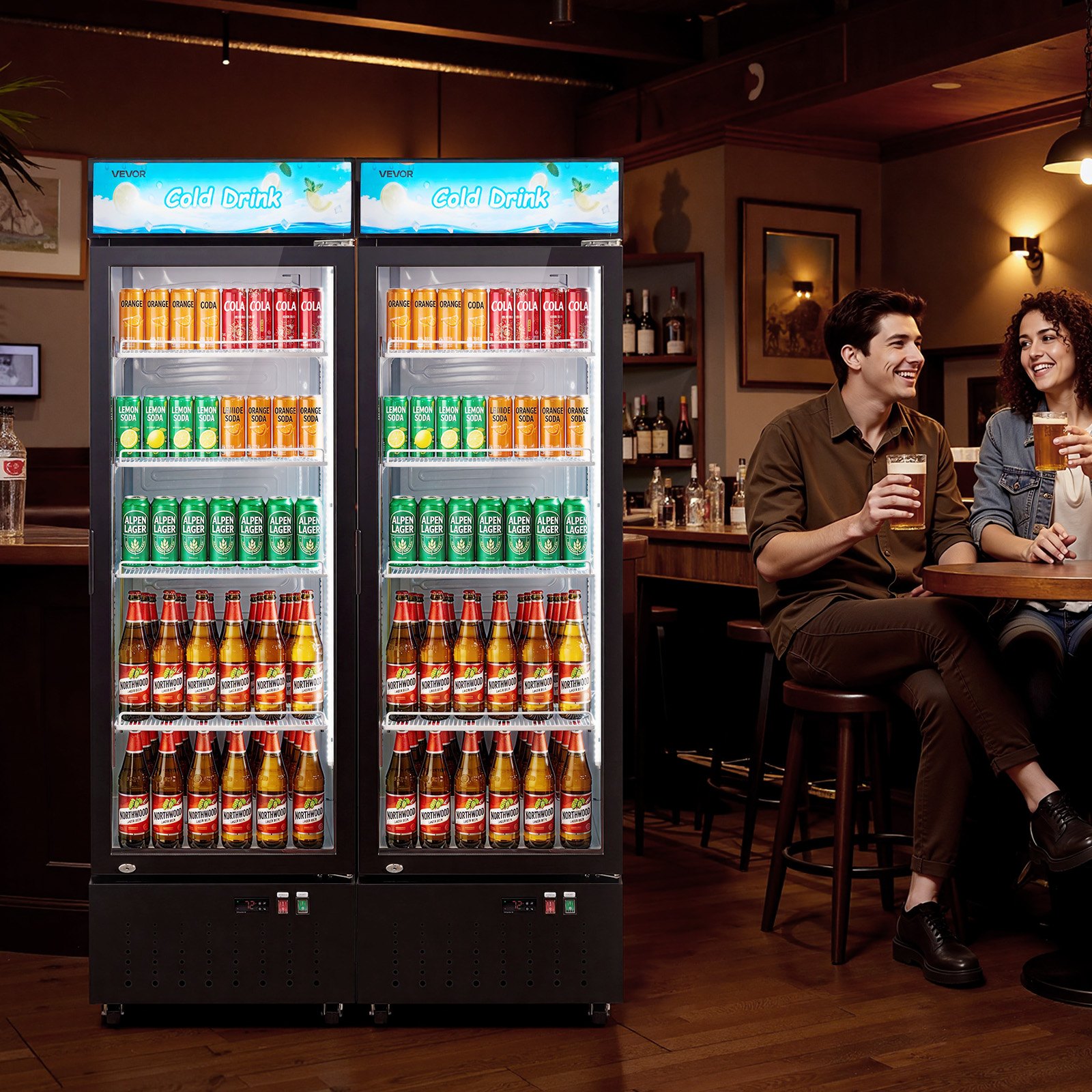 VEVOR Commercial Merchandiser Refrigerator, 12.7 Cu.Ft / 360 L Glass Door Display Refrigerator, Upright Beverage Cooler with Customizable Lightbox, 4 Adjustable Shelves & Soft LED Light for Home Shops