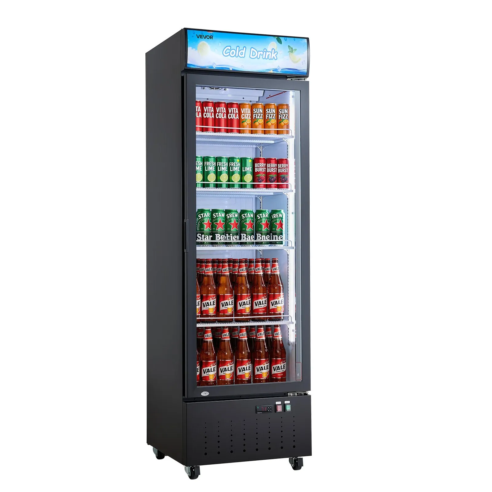 VEVOR Commercial Merchandiser Refrigerator, 12.7 Cu.Ft / 360 L Glass Door Display Refrigerator, Upright Beverage Cooler with Customizable Lightbox, 4 Adjustable Shelves & Soft LED Light for Home Shops