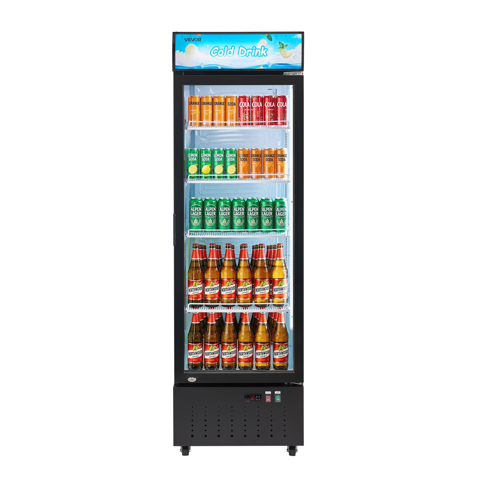 VEVOR Commercial Merchandiser Refrigerator, 12.7 Cu.Ft / 360 L Glass Door Display Refrigerator, Upright Beverage Cooler with Customizable Lightbox, 4 Adjustable Shelves & Soft LED Light for Home Shops
