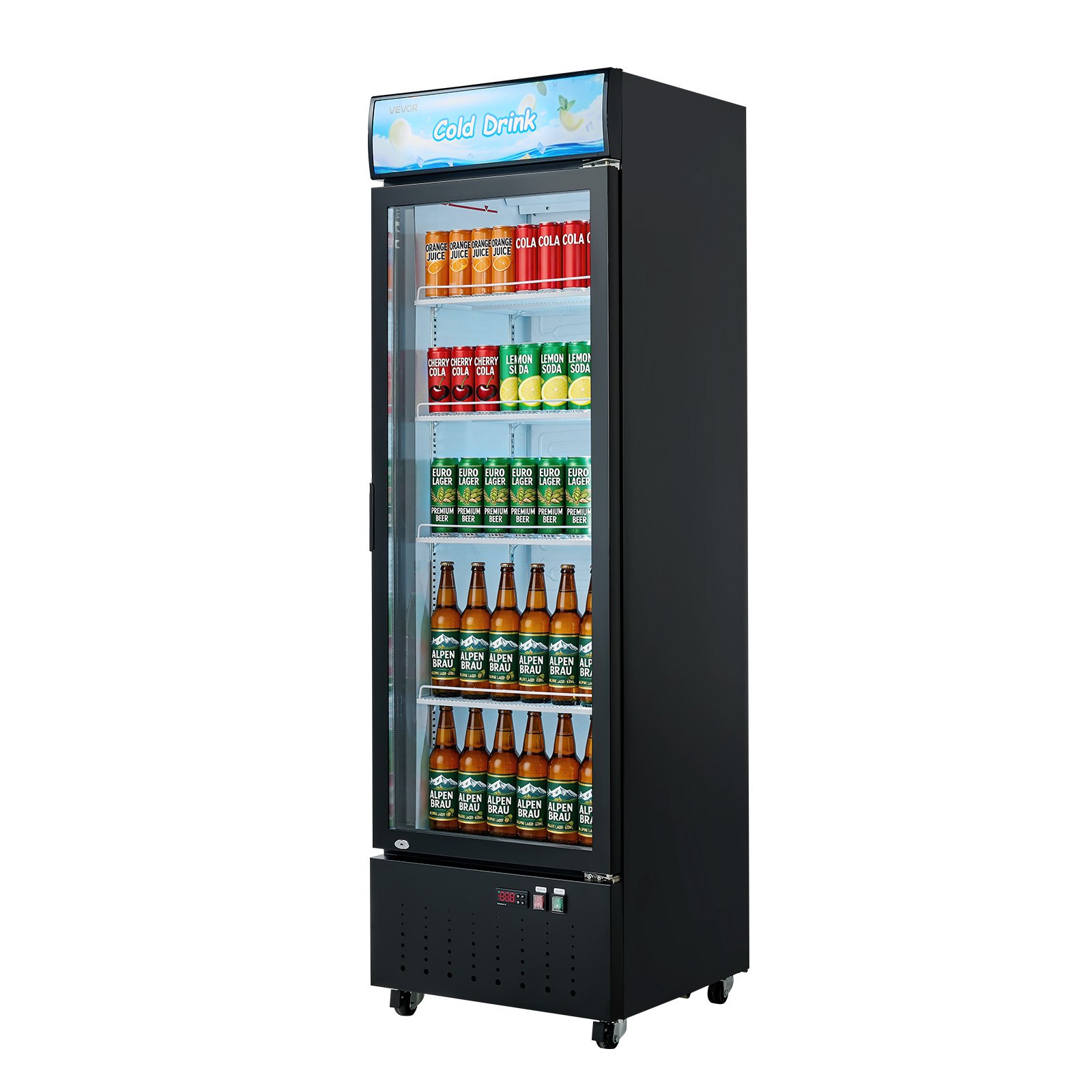 VEVOR Commercial Merchandiser Refrigerator, 12.7 Cu.Ft / 360 L Glass Door Display Refrigerator, Upright Beverage Cooler with Customizable Lightbox, 4 Adjustable Shelves & Soft LED Light for Home Shops