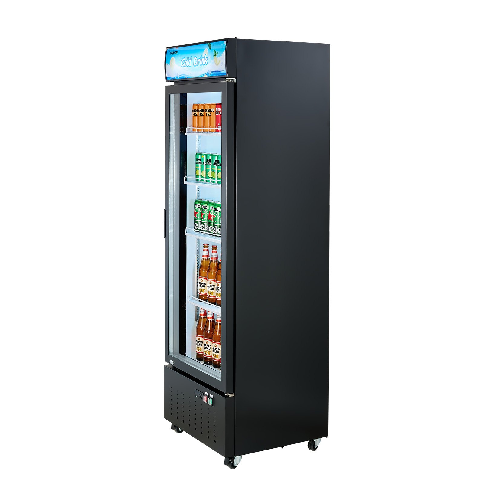 VEVOR Commercial Merchandiser Refrigerator, 12.7 Cu.Ft / 360 L Glass Door Display Refrigerator, Upright Beverage Cooler with Customizable Lightbox, 4 Adjustable Shelves & Soft LED Light for Home Shops