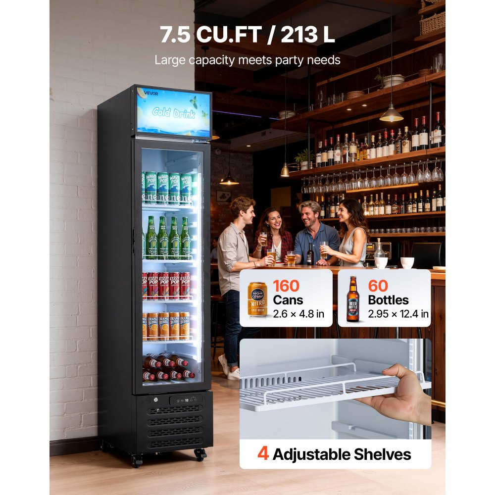 VEVOR Commercial Merchandiser Refrigerator, 7.5 Cu.Ft / 213 L Glass Door Display Refrigerator, Upright Beverage Cooler with Customizable Lightbox, 4 Adjustable Shelves & Soft LED Light for Homes Shops