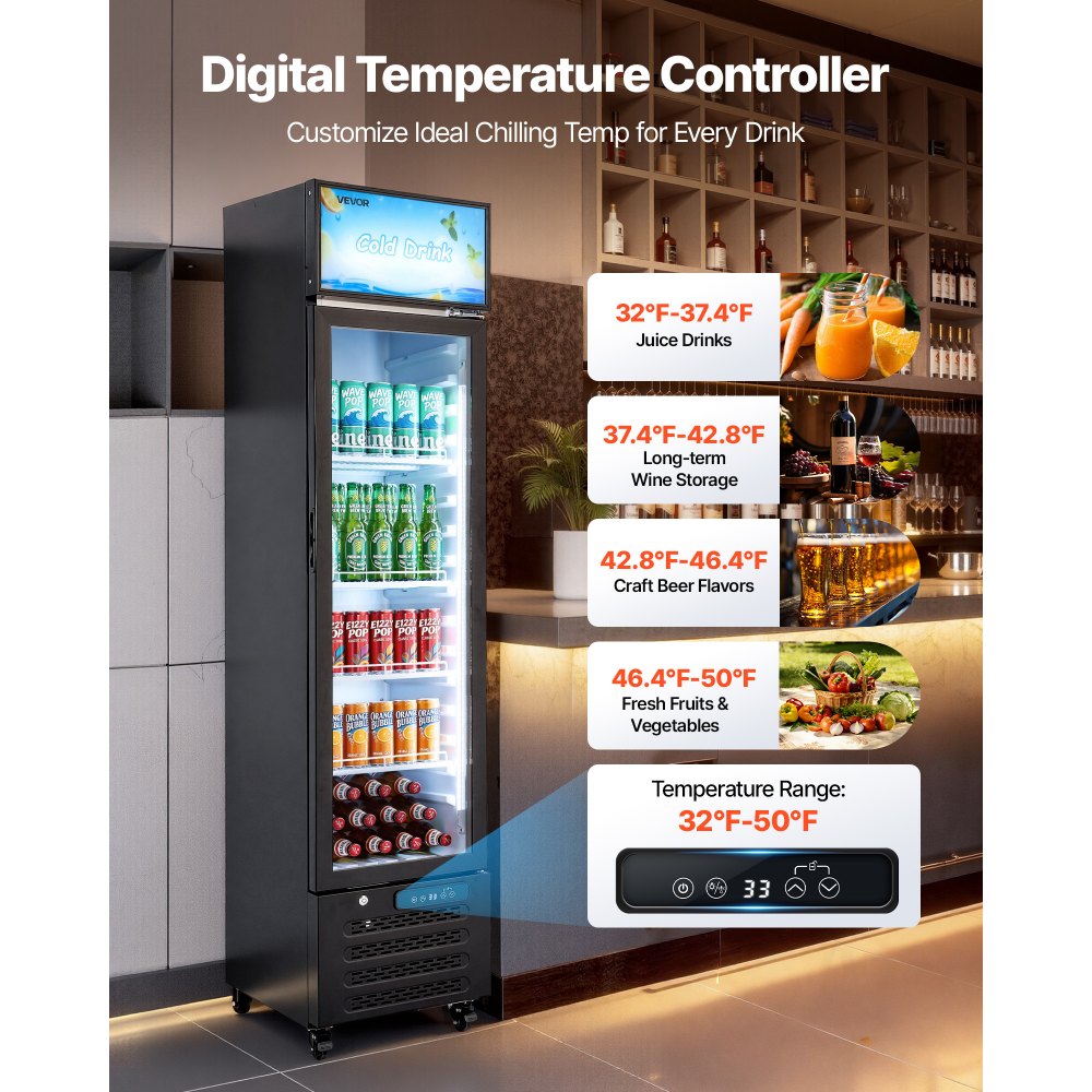 VEVOR Commercial Merchandiser Refrigerator, 7.5 Cu.Ft / 213 L Glass Door Display Refrigerator, Upright Beverage Cooler with Customizable Lightbox, 4 Adjustable Shelves & Soft LED Light for Homes Shops