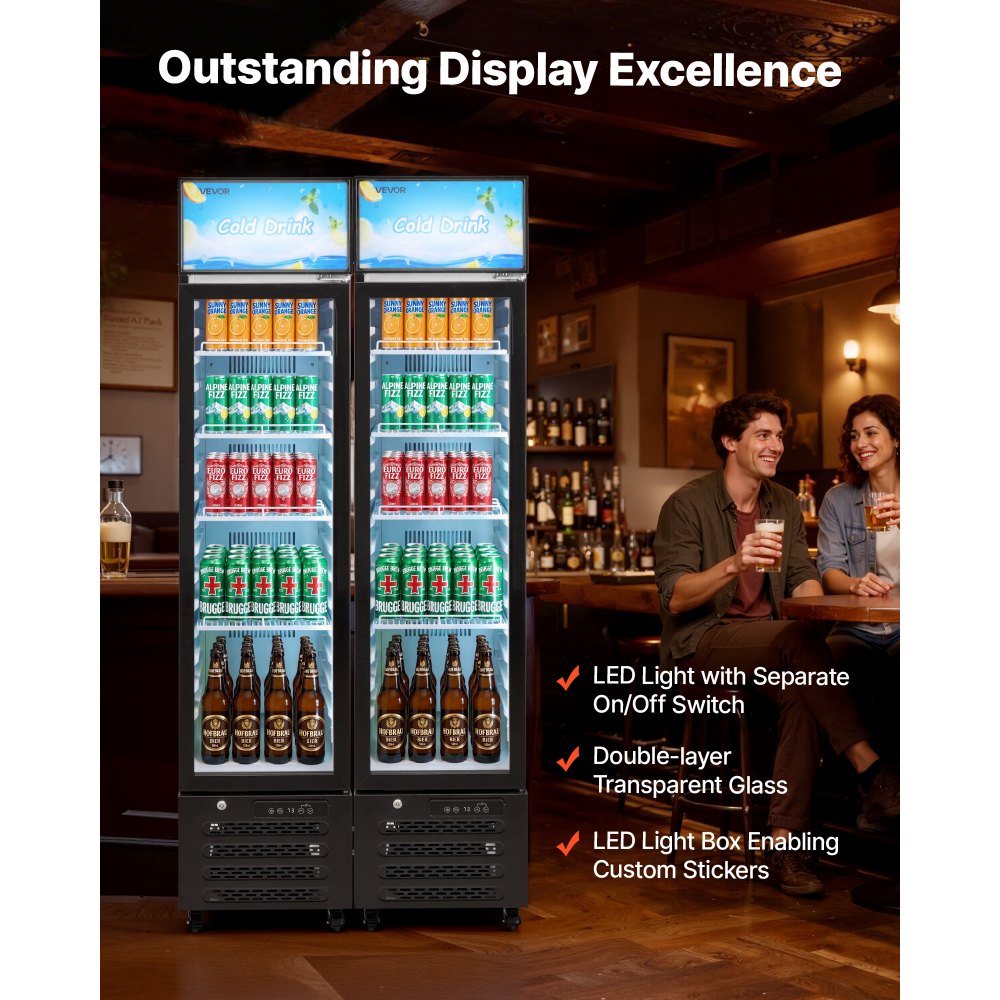 VEVOR Commercial Merchandiser Refrigerator, 7.5 Cu.Ft / 213 L Glass Door Display Refrigerator, Upright Beverage Cooler with Customizable Lightbox, 4 Adjustable Shelves & Soft LED Light for Homes Shops
