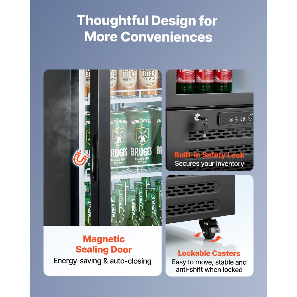 VEVOR Commercial Merchandiser Refrigerator, 7.5 Cu.Ft / 213 L Glass Door Display Refrigerator, Upright Beverage Cooler with Customizable Lightbox, 4 Adjustable Shelves & Soft LED Light for Homes Shops