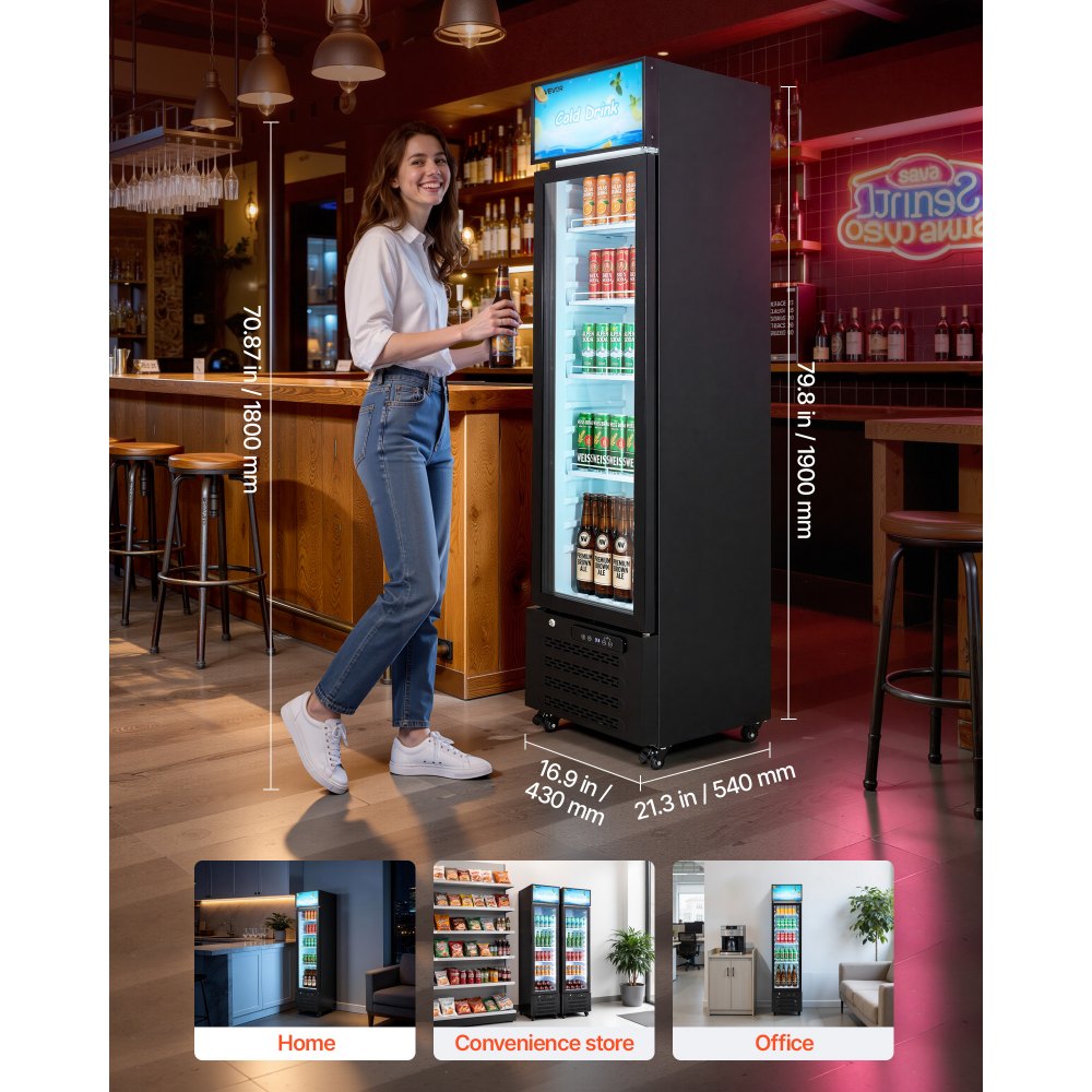 VEVOR Commercial Merchandiser Refrigerator, 7.5 Cu.Ft / 213 L Glass Door Display Refrigerator, Upright Beverage Cooler with Customizable Lightbox, 4 Adjustable Shelves & Soft LED Light for Homes Shops
