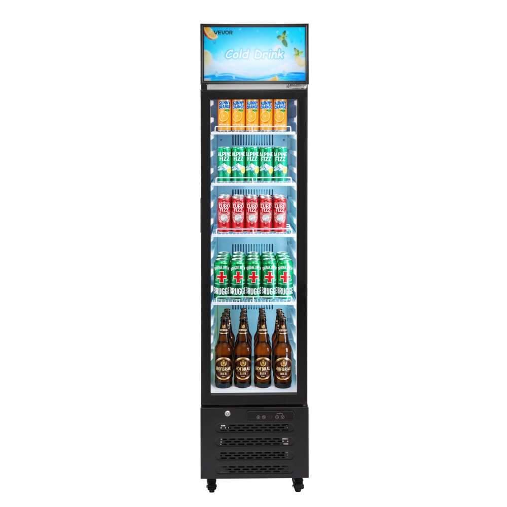 VEVOR Commercial Merchandiser Refrigerator, 7.5 Cu.Ft / 213 L Glass Door Display Refrigerator, Upright Beverage Cooler with Customizable Lightbox, 4 Adjustable Shelves & Soft LED Light for Homes Shops