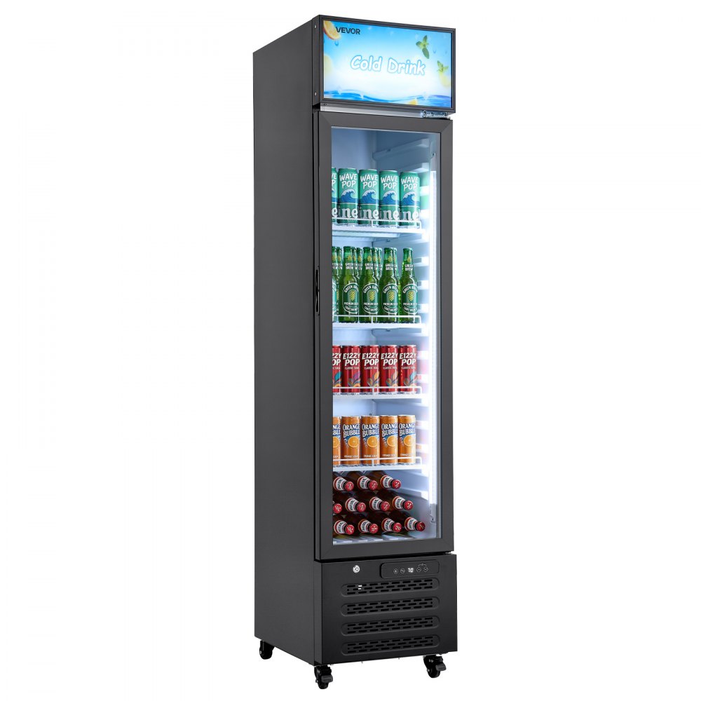VEVOR Commercial Merchandiser Refrigerator, 7.5 Cu.Ft / 213 L Glass Door Display Refrigerator, Upright Beverage Cooler with Customizable Lightbox, 4 Adjustable Shelves & Soft LED Light for Homes Shops