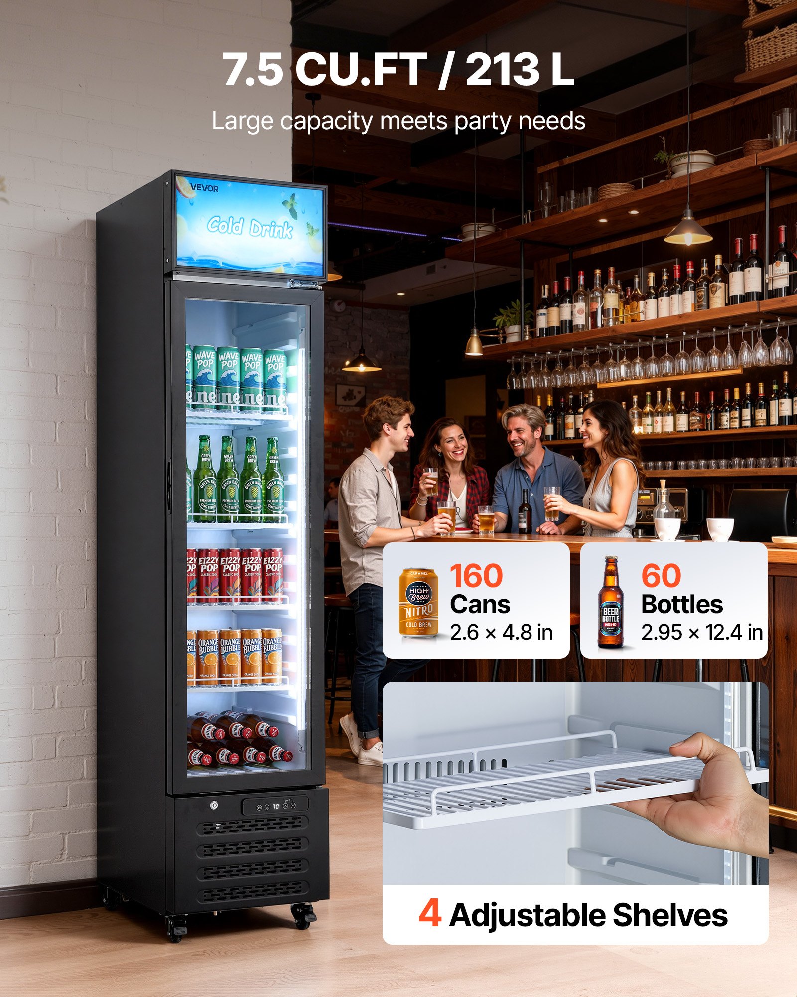 VEVOR Commercial Merchandiser Refrigerator, 7.5 Cu.Ft / 213 L Glass Door Display Refrigerator, Upright Beverage Cooler with Customizable Lightbox, 4 Adjustable Shelves & Soft LED Light for Homes Shops