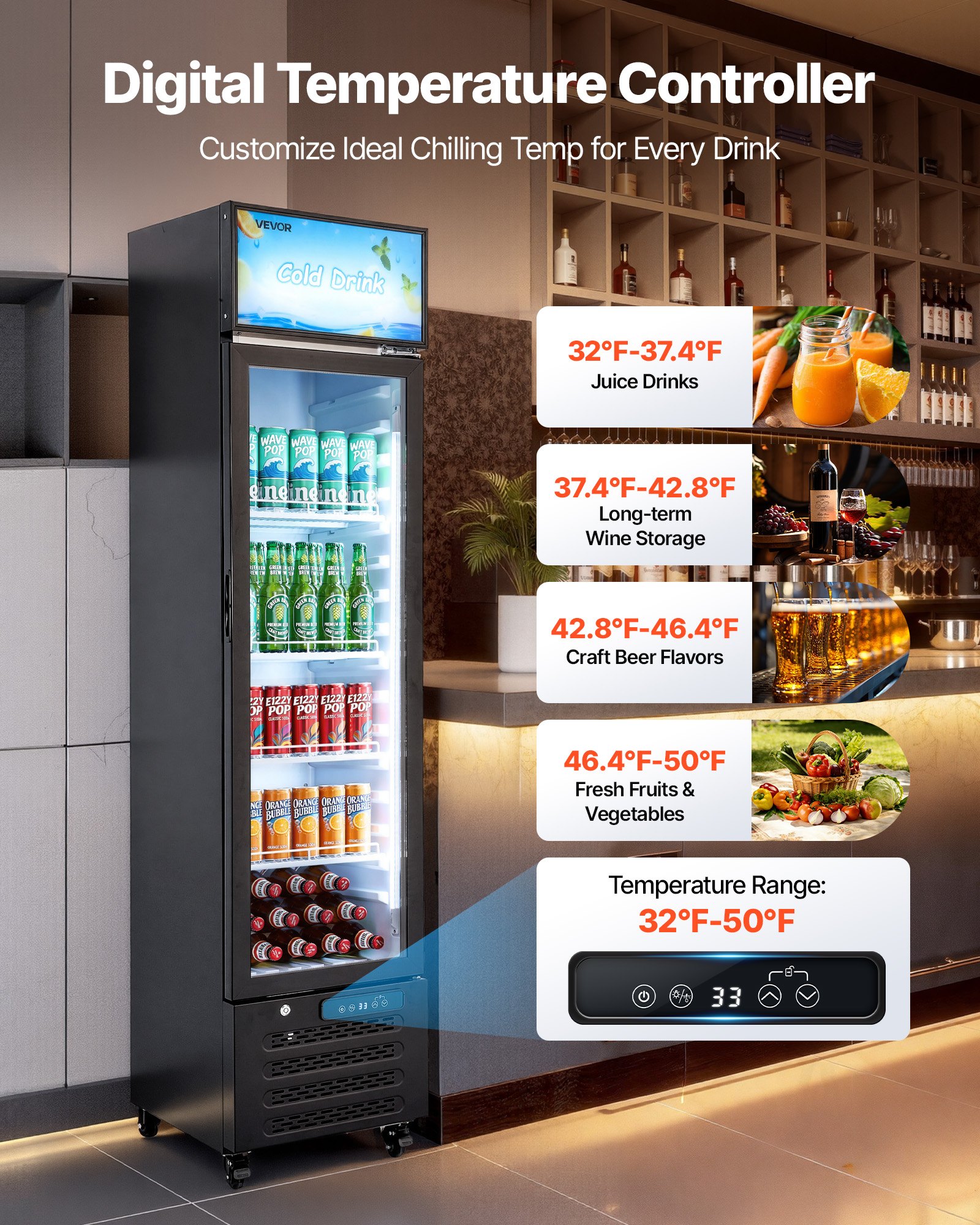 VEVOR Commercial Merchandiser Refrigerator, 7.5 Cu.Ft / 213 L Glass Door Display Refrigerator, Upright Beverage Cooler with Customizable Lightbox, 4 Adjustable Shelves & Soft LED Light for Homes Shops