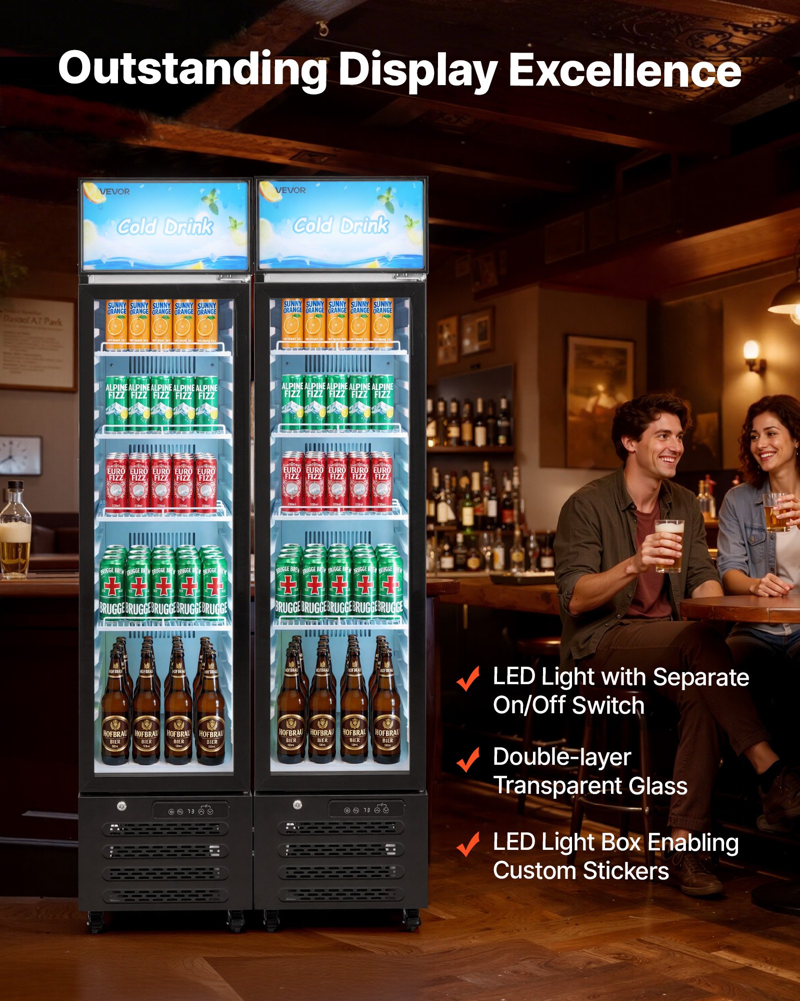 VEVOR Commercial Merchandiser Refrigerator, 7.5 Cu.Ft / 213 L Glass Door Display Refrigerator, Upright Beverage Cooler with Customizable Lightbox, 4 Adjustable Shelves & Soft LED Light for Homes Shops