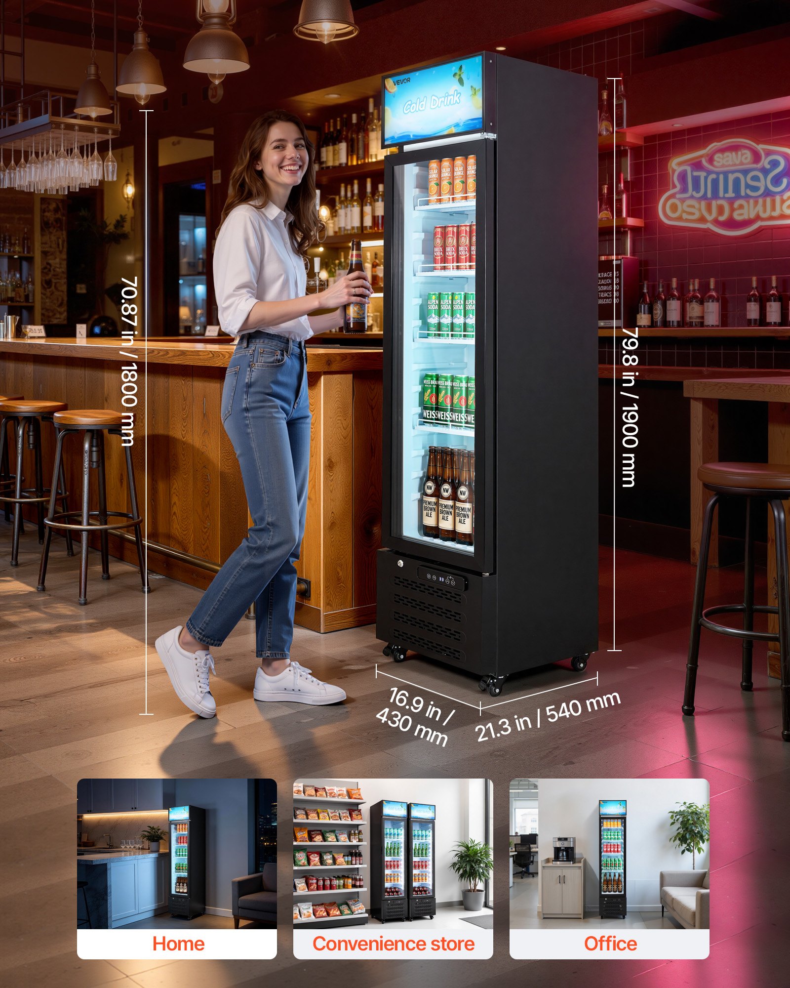 VEVOR Commercial Merchandiser Refrigerator, 7.5 Cu.Ft / 213 L Glass Door Display Refrigerator, Upright Beverage Cooler with Customizable Lightbox, 4 Adjustable Shelves & Soft LED Light for Homes Shops