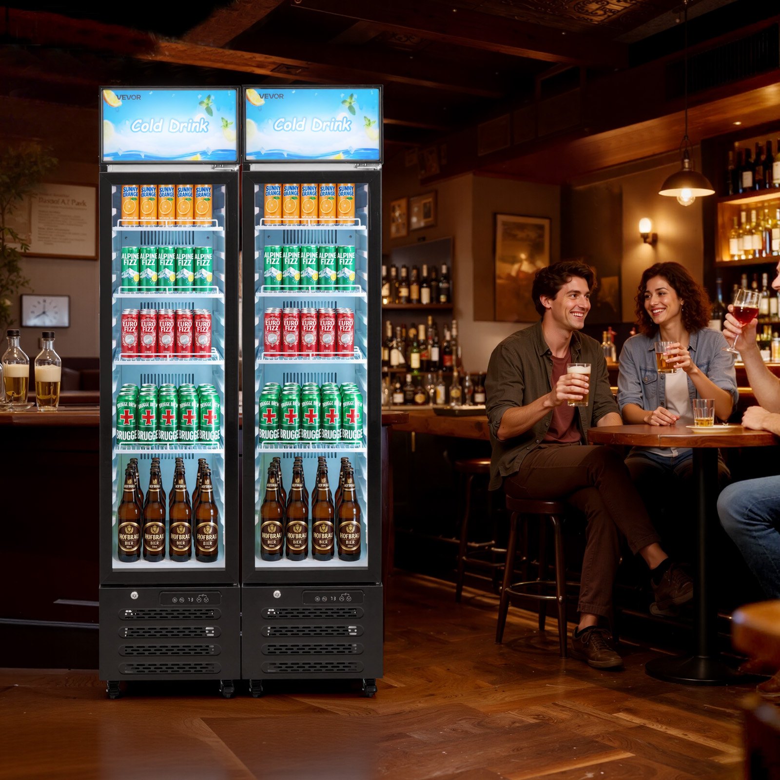VEVOR Commercial Merchandiser Refrigerator, 7.5 Cu.Ft / 213 L Glass Door Display Refrigerator, Upright Beverage Cooler with Customizable Lightbox, 4 Adjustable Shelves & Soft LED Light for Homes Shops