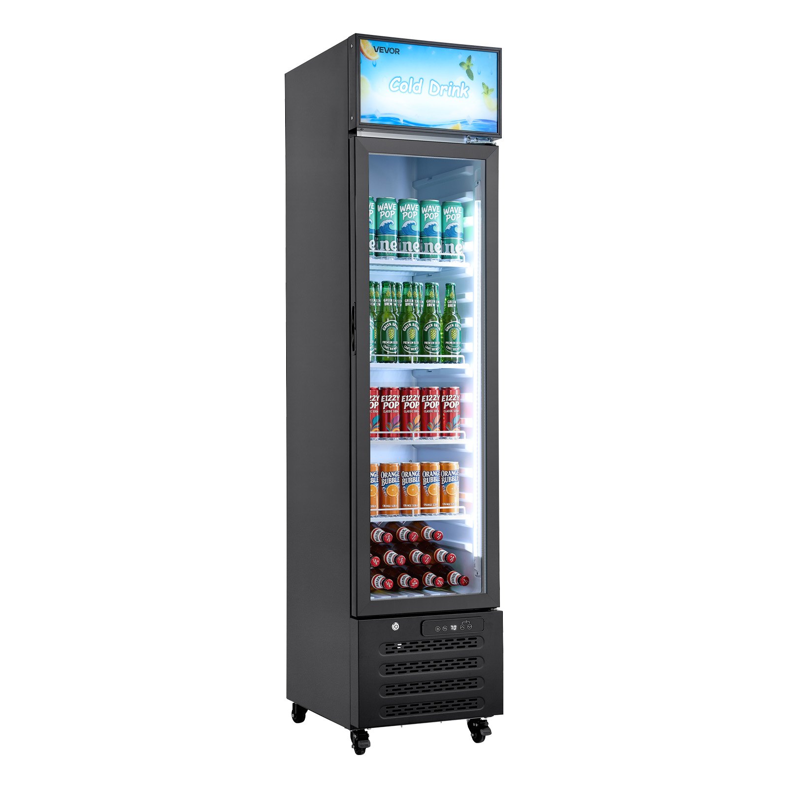 VEVOR Commercial Merchandiser Refrigerator, 7.5 Cu.Ft / 213 L Glass Door Display Refrigerator, Upright Beverage Cooler with Customizable Lightbox, 4 Adjustable Shelves & Soft LED Light for Homes Shops