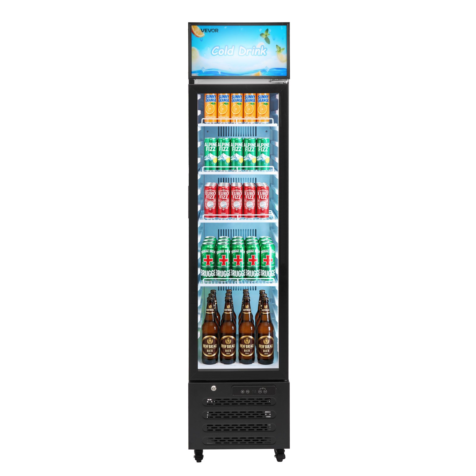 VEVOR Commercial Merchandiser Refrigerator, 7.5 Cu.Ft / 213 L Glass Door Display Refrigerator, Upright Beverage Cooler with Customizable Lightbox, 4 Adjustable Shelves & Soft LED Light for Homes Shops