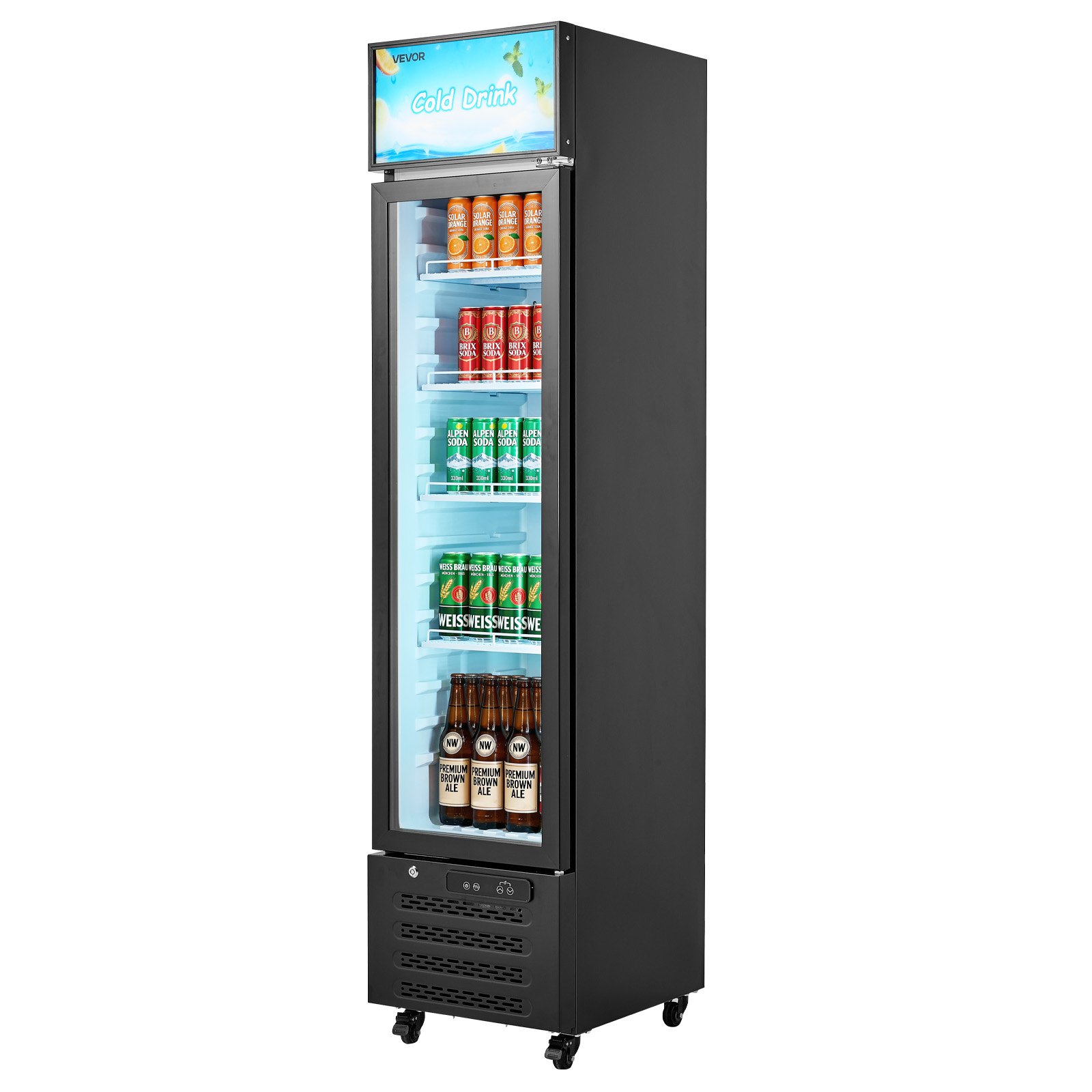 VEVOR Commercial Merchandiser Refrigerator, 7.5 Cu.Ft / 213 L Glass Door Display Refrigerator, Upright Beverage Cooler with Customizable Lightbox, 4 Adjustable Shelves & Soft LED Light for Homes Shops