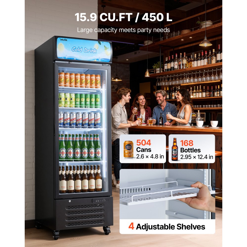 VEVOR Commercial Merchandiser Refrigerator, 15.9 Cu.Ft / 450 L Glass Door Display Refrigerator, Upright Beverage Cooler with Customizable Lightbox, 4 Adjustable Shelves & Soft LED Light for Home Shops