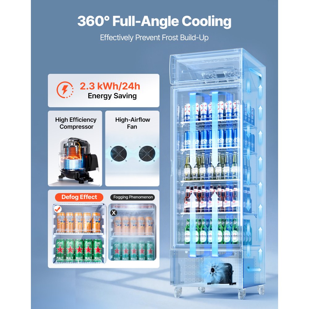 VEVOR Commercial Merchandiser Refrigerator, 15.9 Cu.Ft / 450 L Glass Door Display Refrigerator, Upright Beverage Cooler with Customizable Lightbox, 4 Adjustable Shelves & Soft LED Light for Home Shops