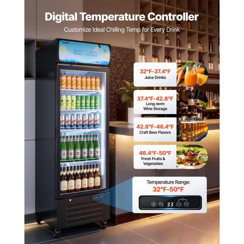 VEVOR Commercial Merchandiser Refrigerator, 15.9 Cu.Ft / 450 L Glass Door Display Refrigerator, Upright Beverage Cooler with Customizable Lightbox, 4 Adjustable Shelves & Soft LED Light for Home Shops