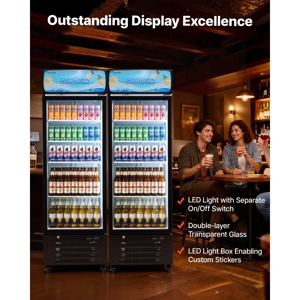 VEVOR Commercial Merchandiser Refrigerator, 15.9 Cu.Ft / 450 L Glass Door Display Refrigerator, Upright Beverage Cooler with Customizable Lightbox, 4 Adjustable Shelves & Soft LED Light for Home Shops