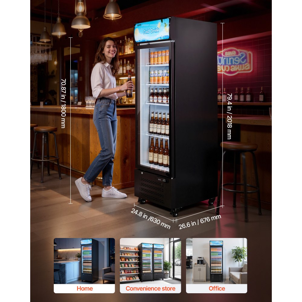 VEVOR Commercial Merchandiser Refrigerator, 15.9 Cu.Ft / 450 L Glass Door Display Refrigerator, Upright Beverage Cooler with Customizable Lightbox, 4 Adjustable Shelves & Soft LED Light for Home Shops