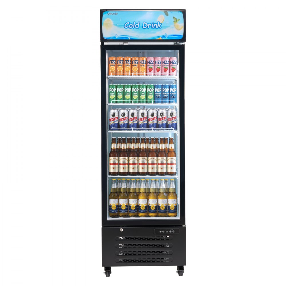 VEVOR Commercial Merchandiser Refrigerator, 15.9 Cu.Ft / 450 L Glass Door Display Refrigerator, Upright Beverage Cooler with Customizable Lightbox, 4 Adjustable Shelves & Soft LED Light for Home Shops