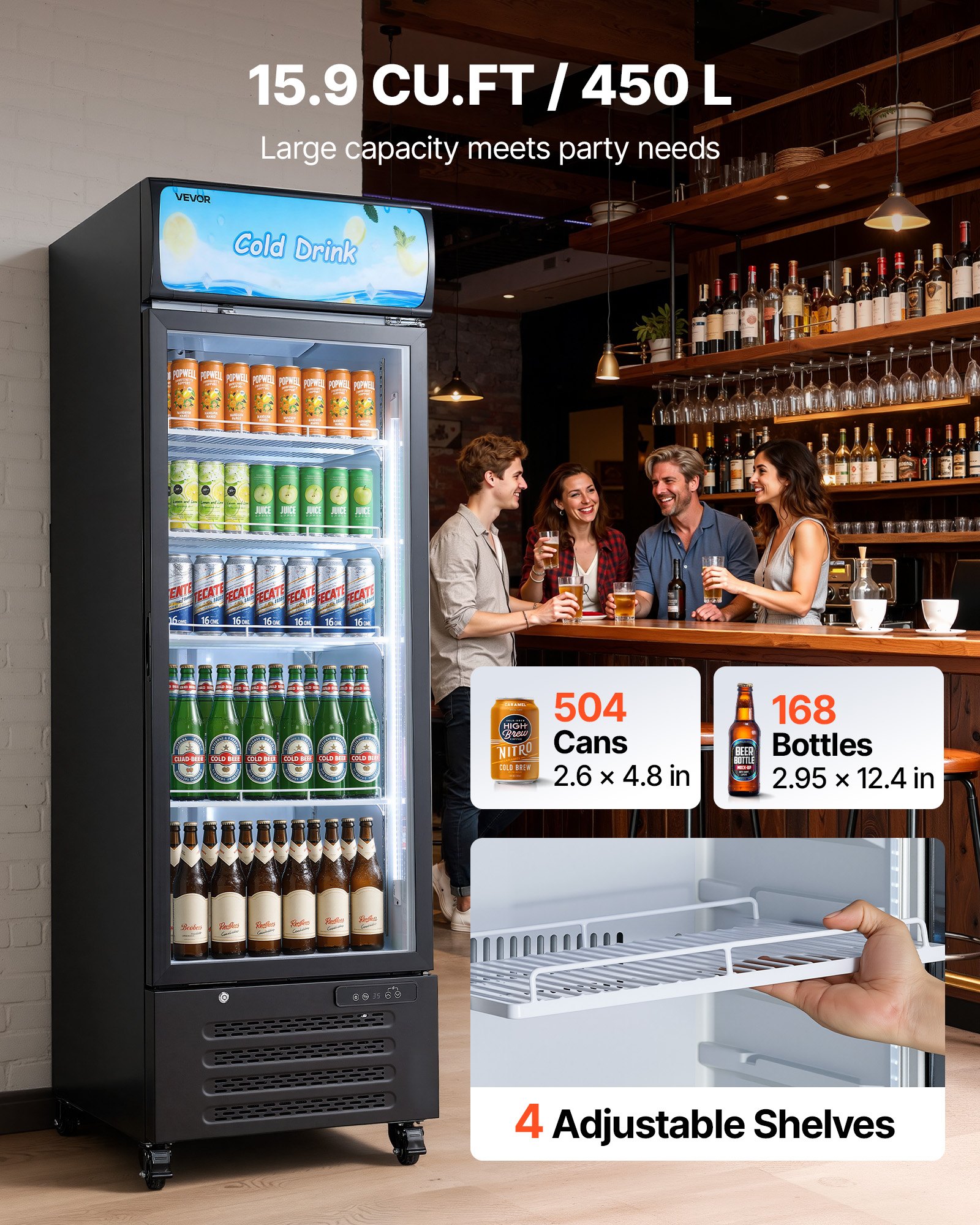 VEVOR Commercial Merchandiser Refrigerator, 15.9 Cu.Ft / 450 L Glass Door Display Refrigerator, Upright Beverage Cooler with Customizable Lightbox, 4 Adjustable Shelves & Soft LED Light for Home Shops